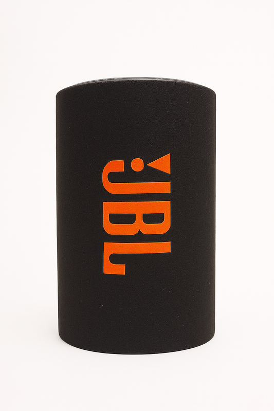 Black can cooler with orange JBL logo on a white background