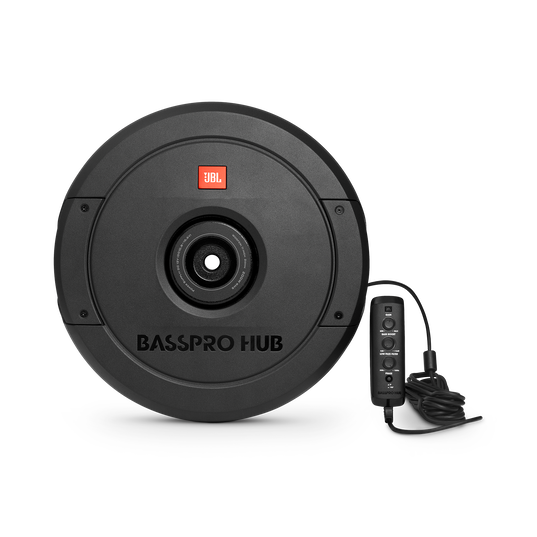 Black JBL BassPro Hub with power cable on a white background