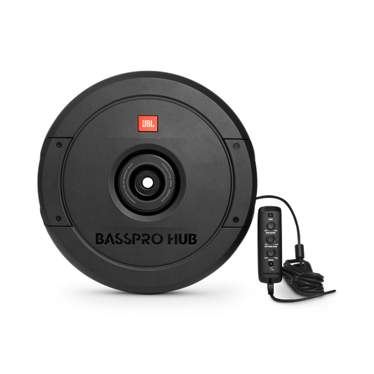Black JBL BassPro Hub with power cable on a white background