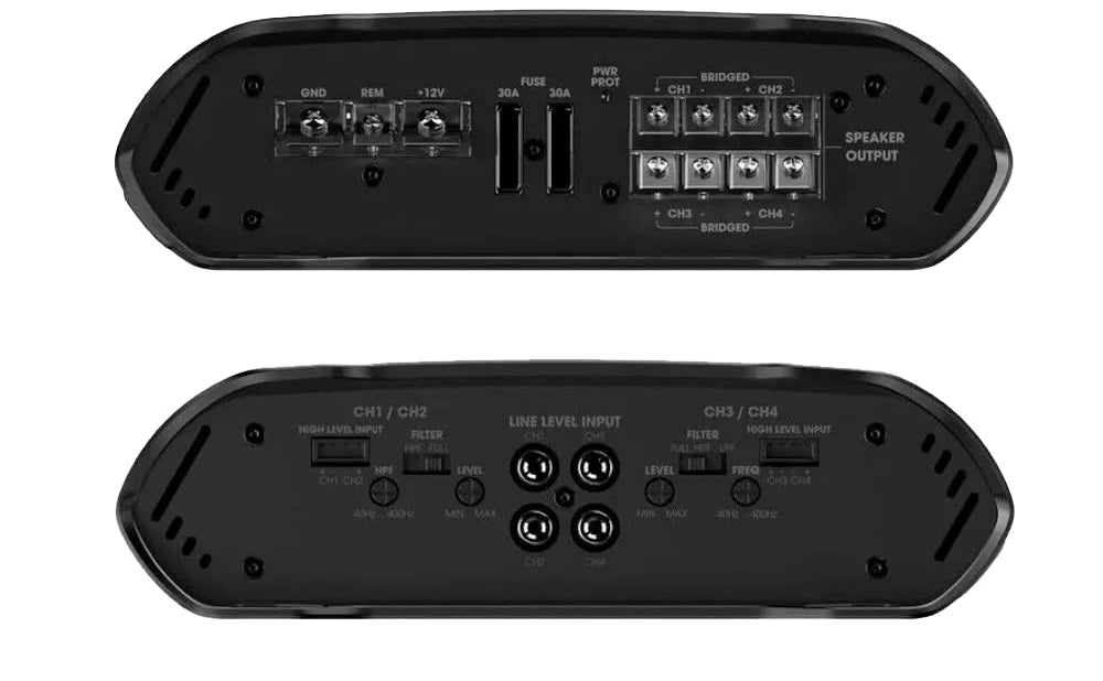 Two views of a black electronic device with control panels on a white background