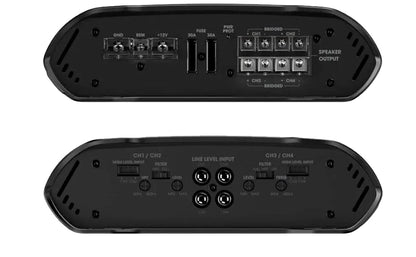 Two views of a black electronic device with control panels on a white background