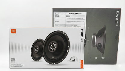 JBL Stage1 6.5F car speaker packaging with front and side views on a white background