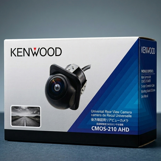 Kenwood CMOS-210 AHD universal rear view camera packaging on a gray background