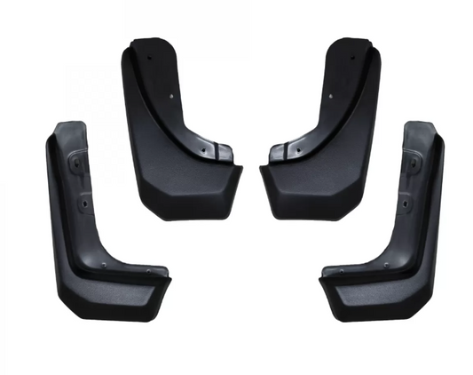 Set of five black car mud flaps on a white background
