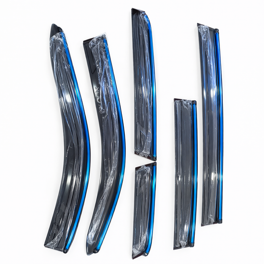 Set of car rain guards with blue interior on a white background