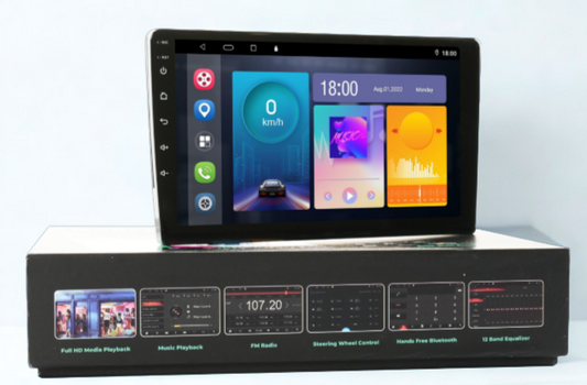 Car multimedia system with touchscreen display on a white background