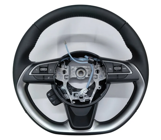 Car steering wheel with visible components on a white background