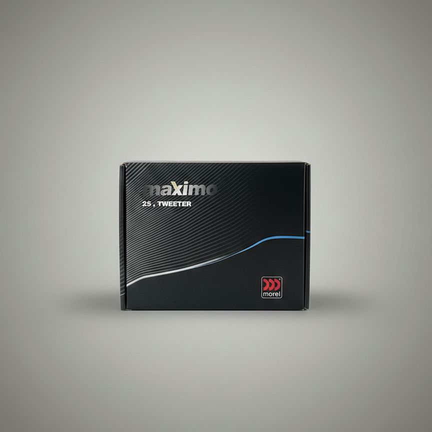 Black electronic component with 'maximo' branding on a gray background