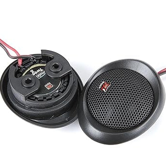 Two black car speakers with visible brand logo on a white background