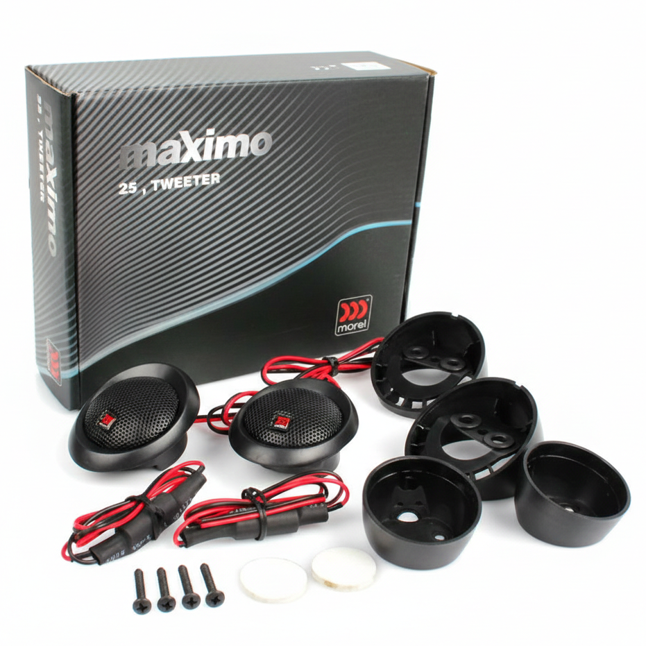Maximo car audio tweeter kit with packaging on a white background