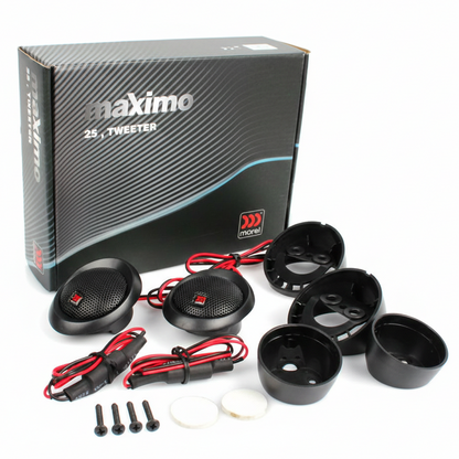 Maximo car audio tweeter kit with packaging on a white background