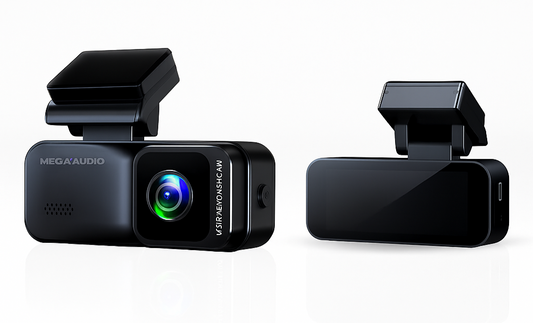 Two car cameras, one front-facing and one rear-facing, on a white background.