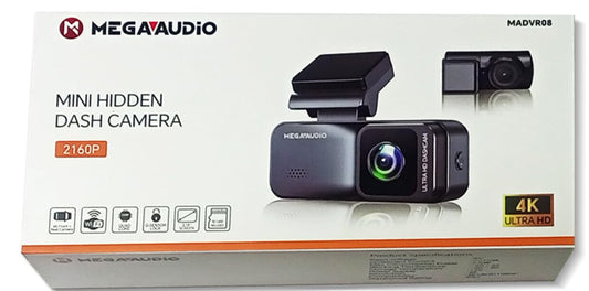 Megavudio mini hidden dash camera packaging on a white background