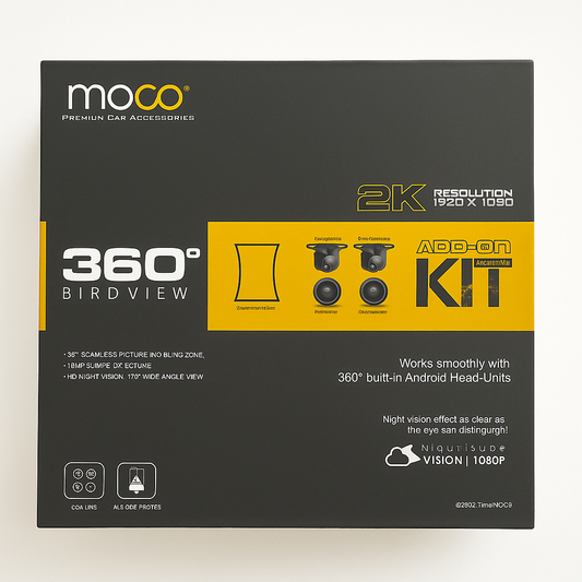 Moco car accessories packaging box with text and graphics on a white background