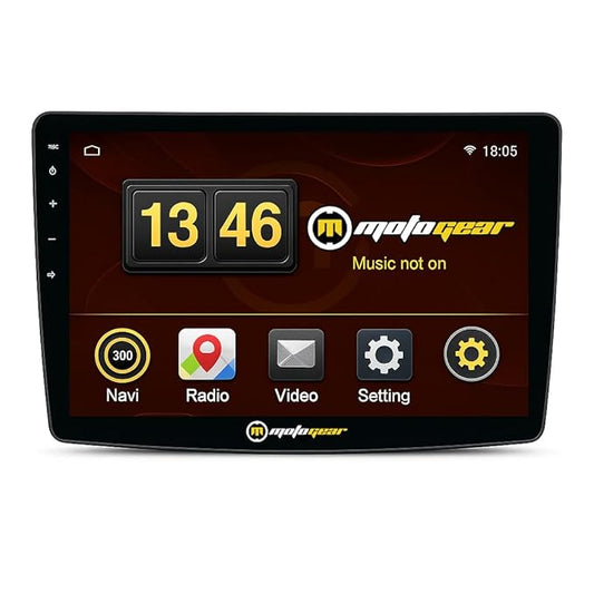 Car multimedia display with 'moto gear' branding on a white background