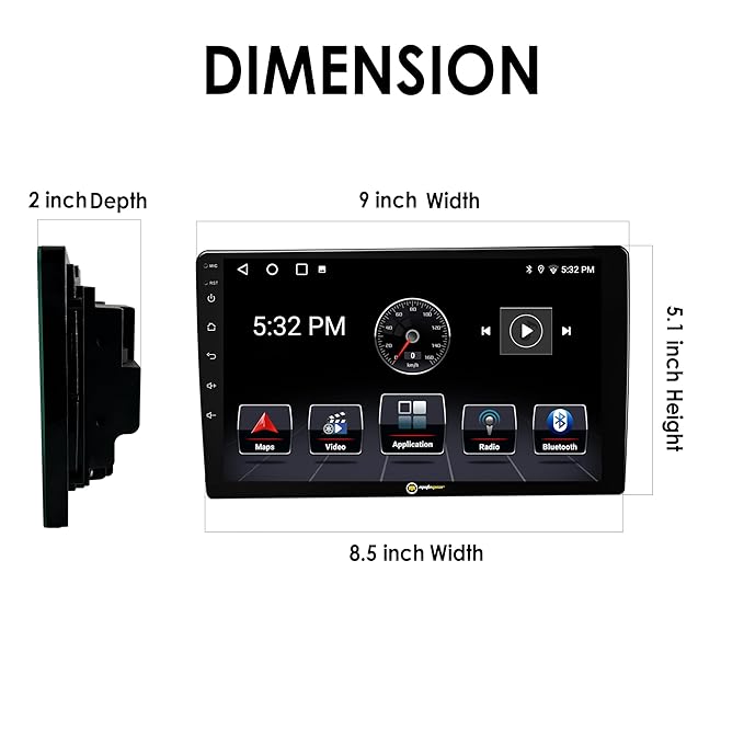 Car stereo screen with dimensions labeled on a white background