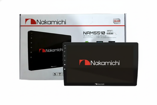 Nakamichi car multimedia receiver with packaging on a white background