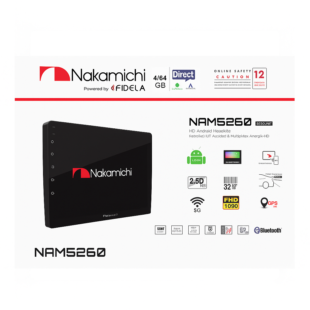 Nakamichi NAMS260 product packaging with features listed on a white background