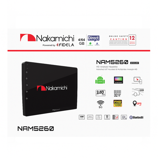 Nakamichi NAMS260 product packaging with features listed on a white background