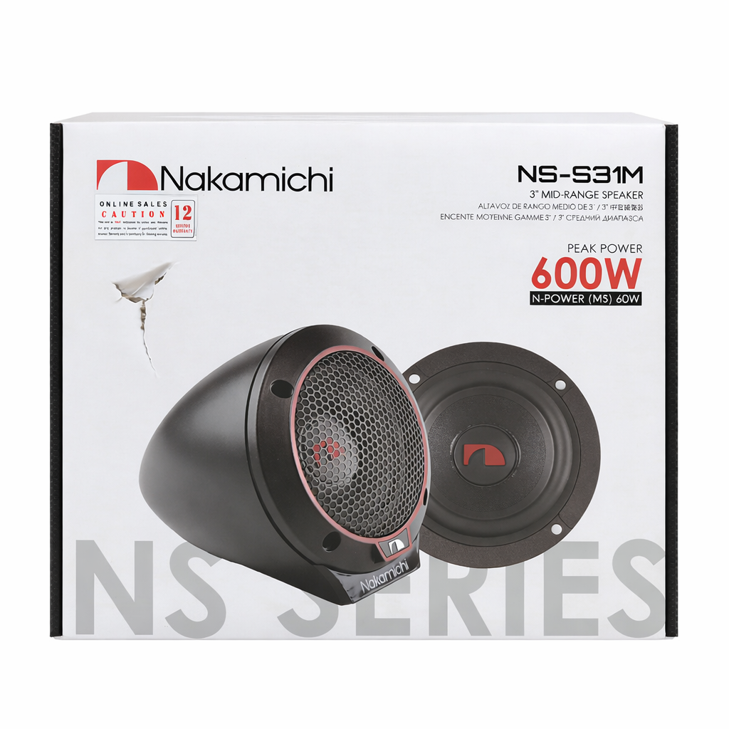 Nakamichi NS-931M speaker packaging with specifications on a white background