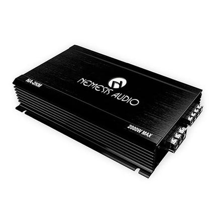 Black audio amplifier with 'Nemesis Audio' branding on a white background