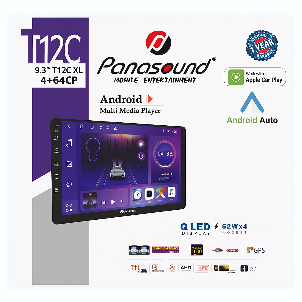 Panasonic Android multimedia player with various features and branding on a white background