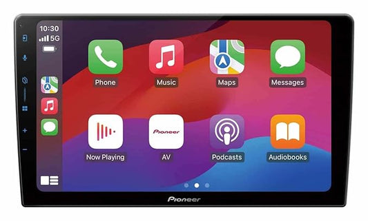 Pioneer car multimedia display with app icons on a white background