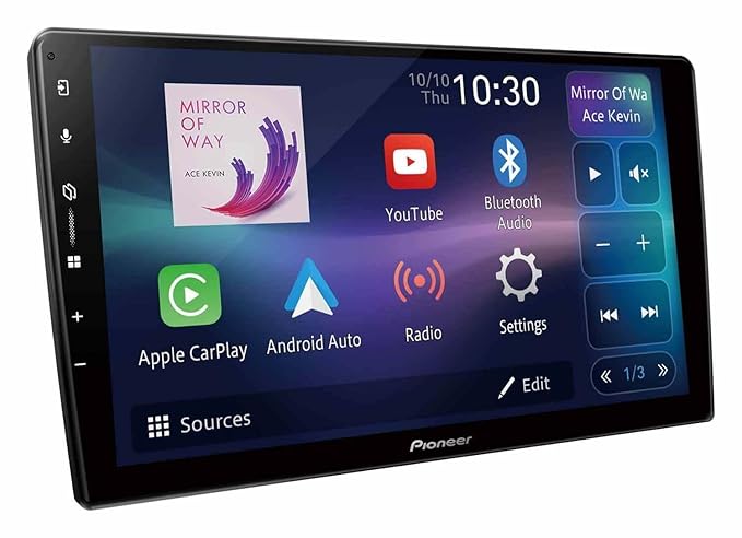Pioneer car multimedia display with app icons on a white background