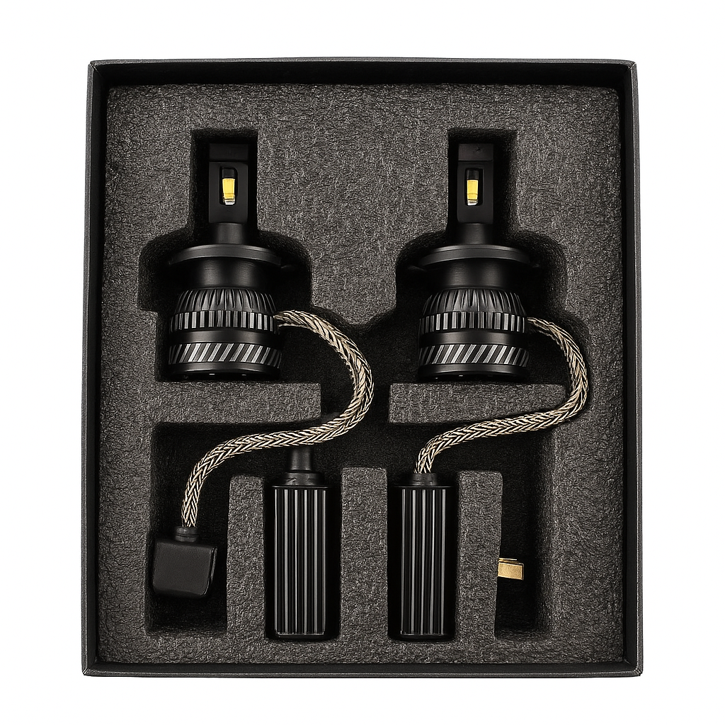 Two car light bulbs in a black box with gray interior