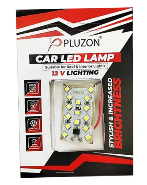 Pluzon car LED lamp packaging with text and product image on a white background