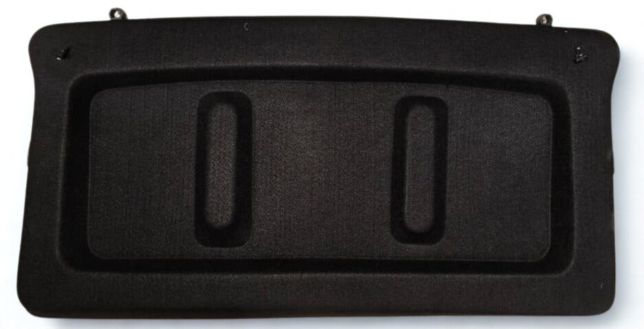 Black plastic component with two slots on a white background
