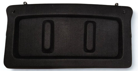 Black plastic component with two slots on a white background