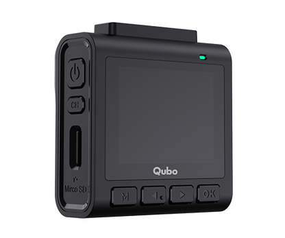 Black electronic device with Qubo branding on a white background