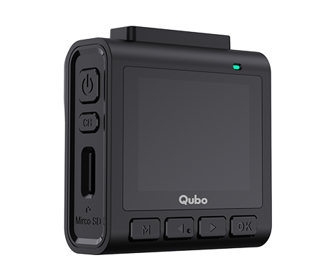 Black electronic device with Qubo branding on a white background