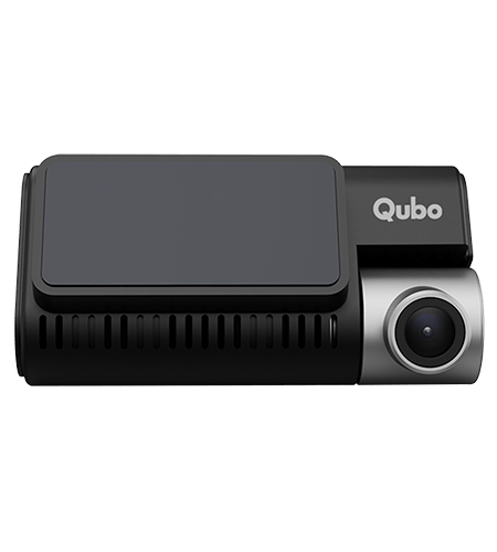 Car dashboard camera with 'Qubo' branding on a white background