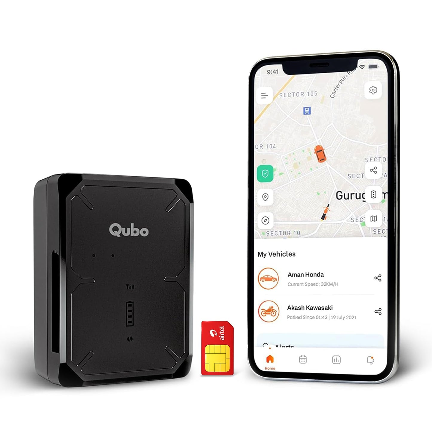 Black Qubo device, smartphone with app interface, and red AT&T SIM card on a white background
