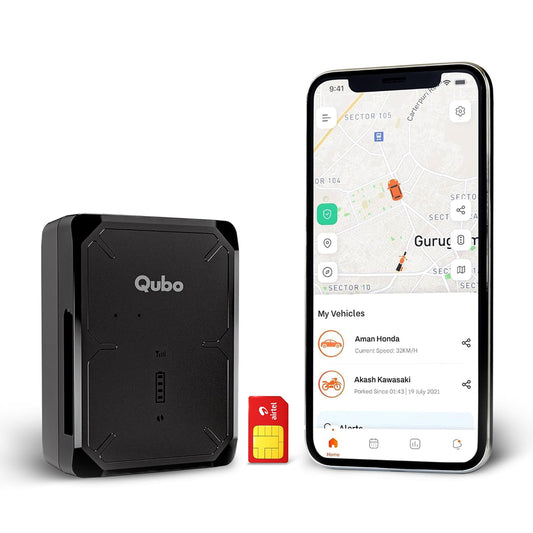 Black Qubo device, smartphone with app interface, and red AT&T SIM card on a white background