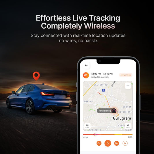 Smartphone displaying a location tracking app with a car on a road in the background.