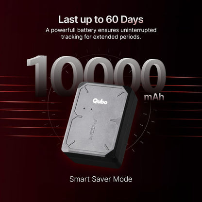 Qubo device with 10,000 mAh battery capacity on a dark background