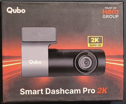 Qubo Smart Dashcam Pro 2K packaging with camera illustration on a dark background