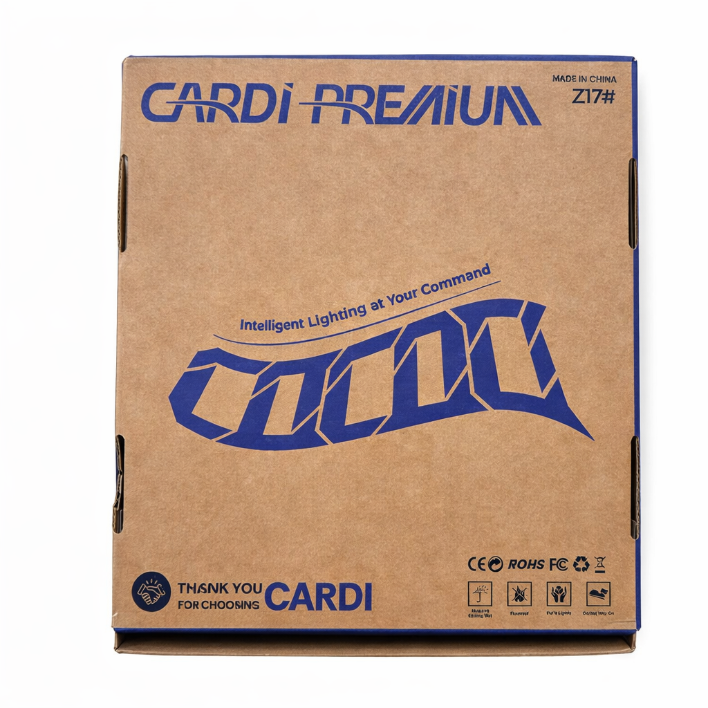 Cardboard box with blue branding on a white background