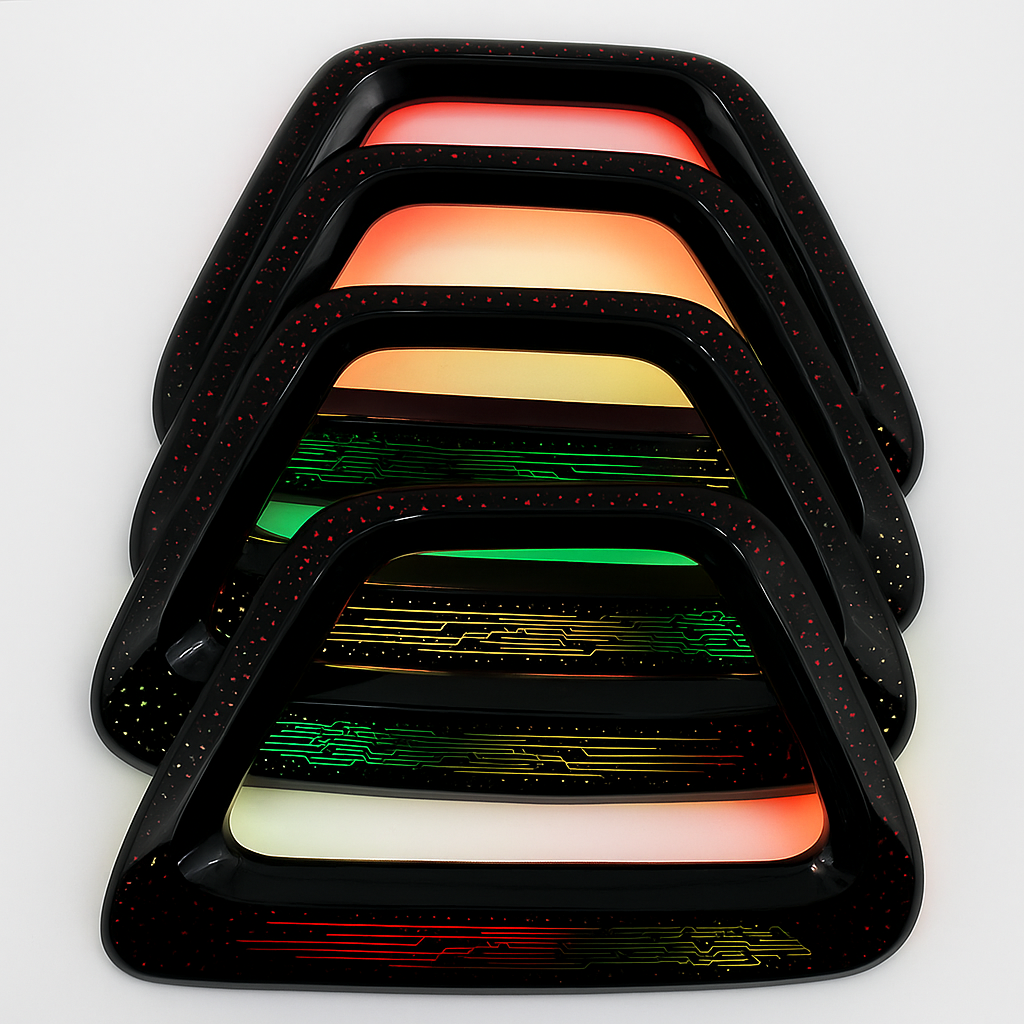 Stack of black rectangular light panels with multicolored interior on a white background