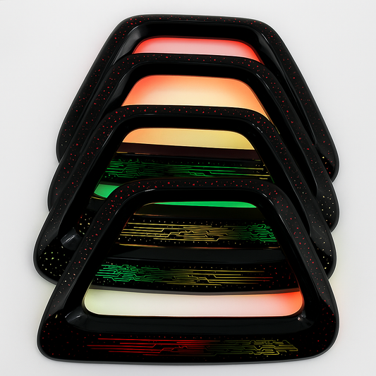 Stack of black rectangular light panels with multicolored interior on a white background