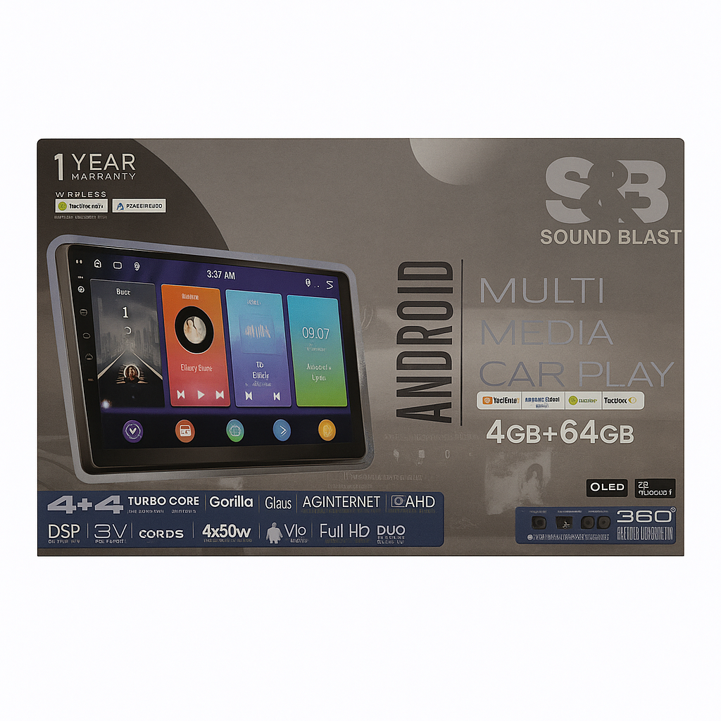 S3 Sound Blast Android multimedia car play system packaging on a white background