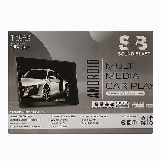 S&B Sound Blast Android multimedia car play system packaging on a white background