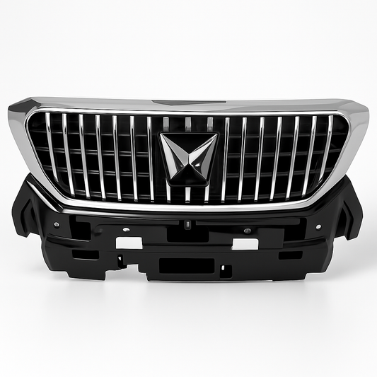 Car grille with a prominent brand logo on a white background