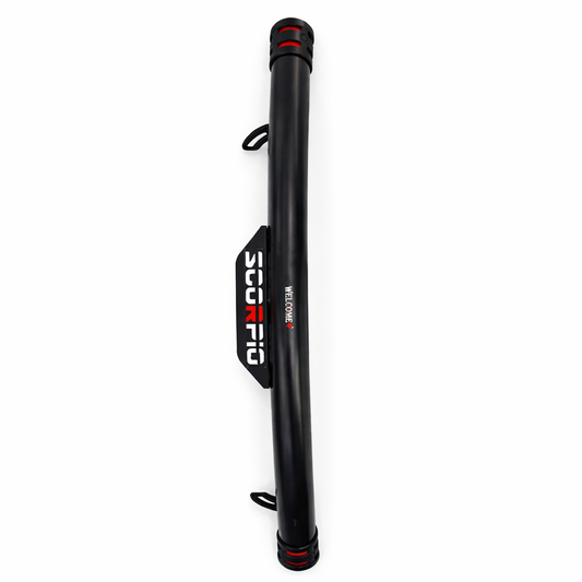 Black metal rod with 'Scorpio' branding on a white background