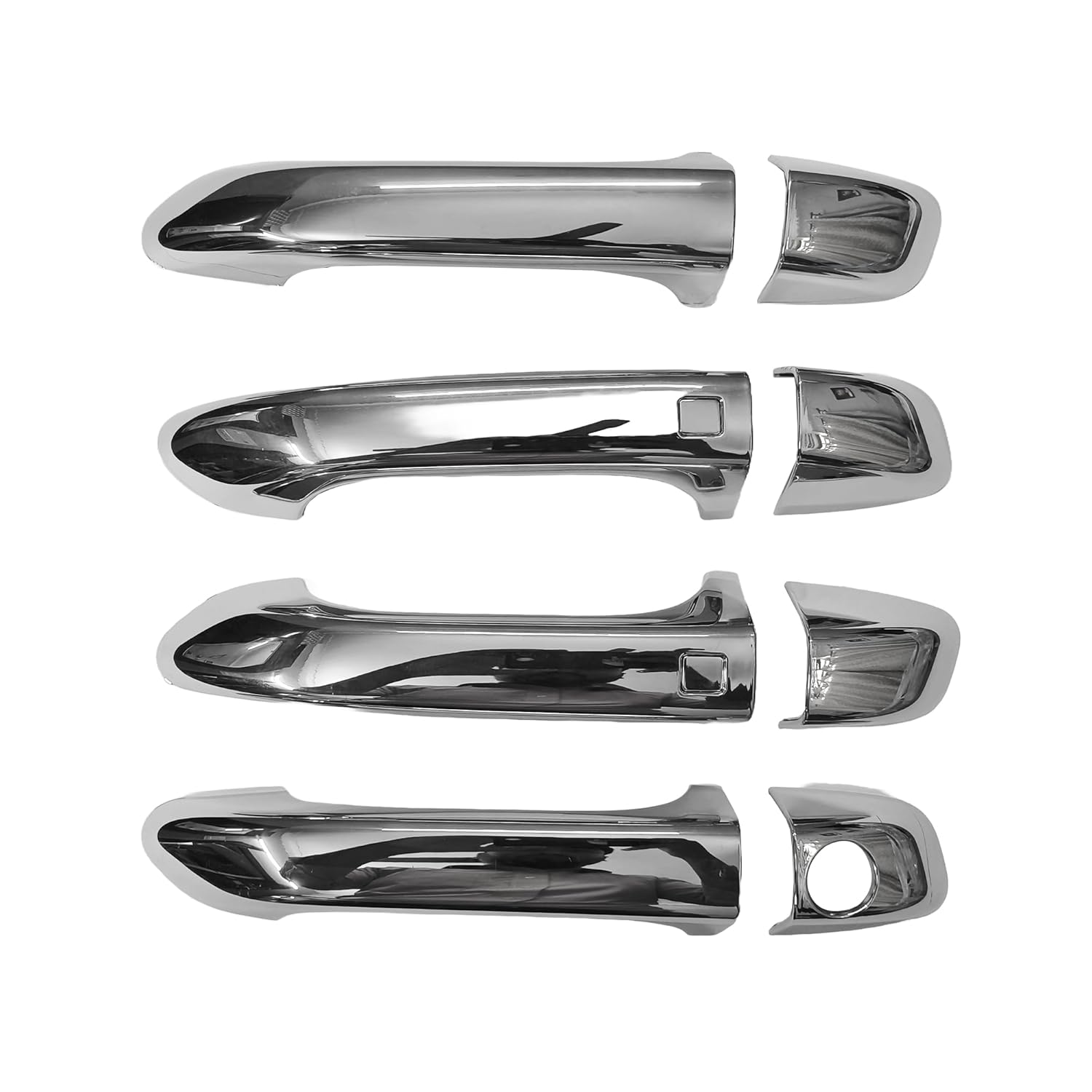 Set of chrome car door handles on a white background