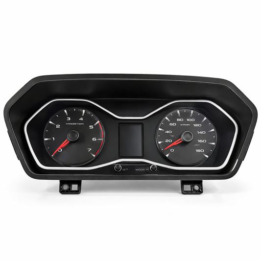 Car dashboard gauge cluster with two dials on a white background
