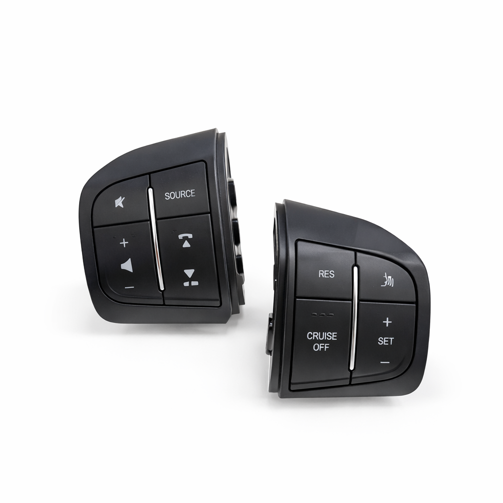 Two black car control switches on a white background